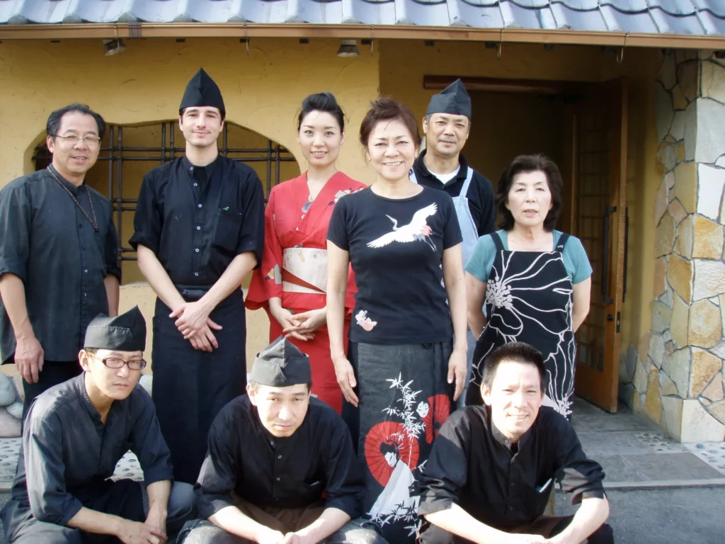 Chef David with the restaurant team in Japan, some of them in kimono